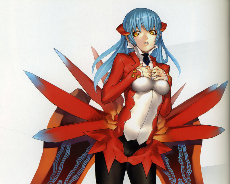 blue-haired anime character in red outfit