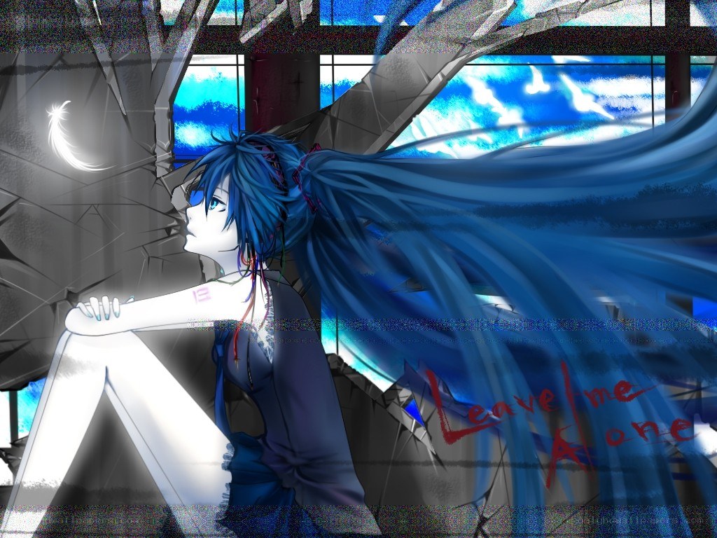 Blue-haired anime character in ruins