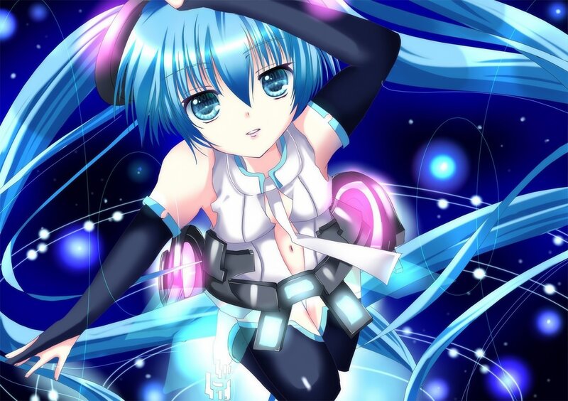 blue-haired anime character in space
