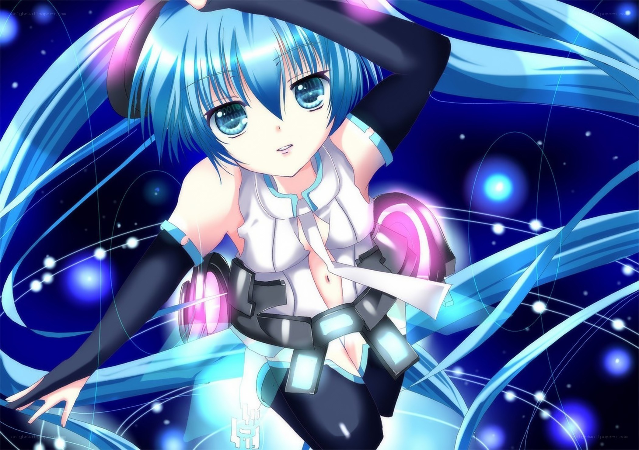 blue-haired anime character in space