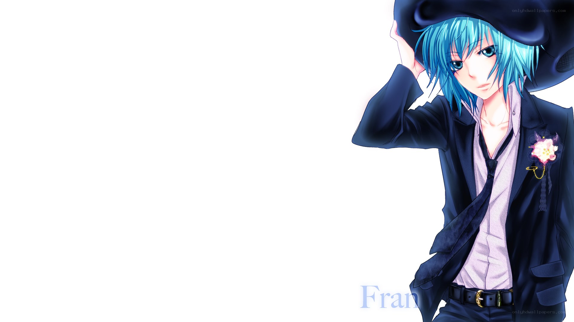 blue-haired anime character in suit