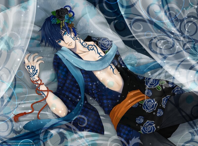 blue-haired anime character in traditional attire