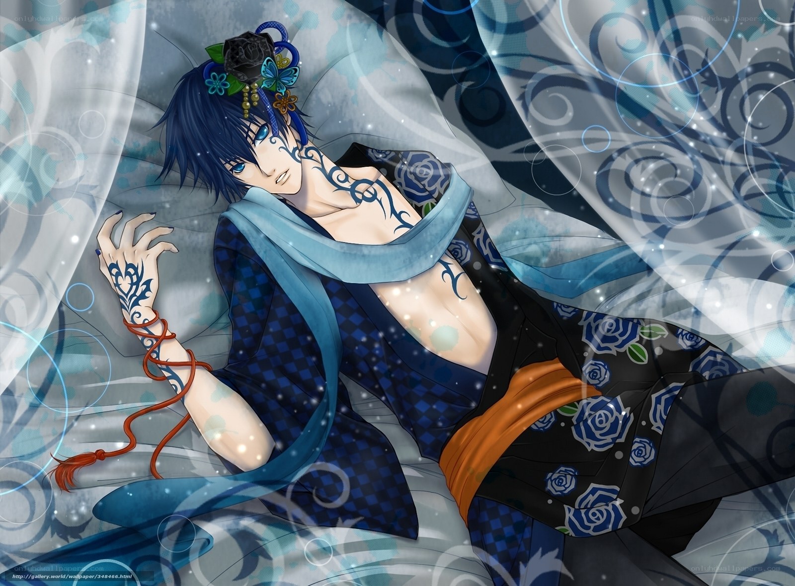 blue-haired anime character in traditional attire