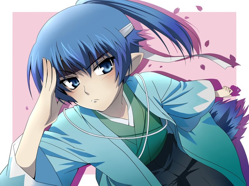 blue-haired anime character in traditional clothing
