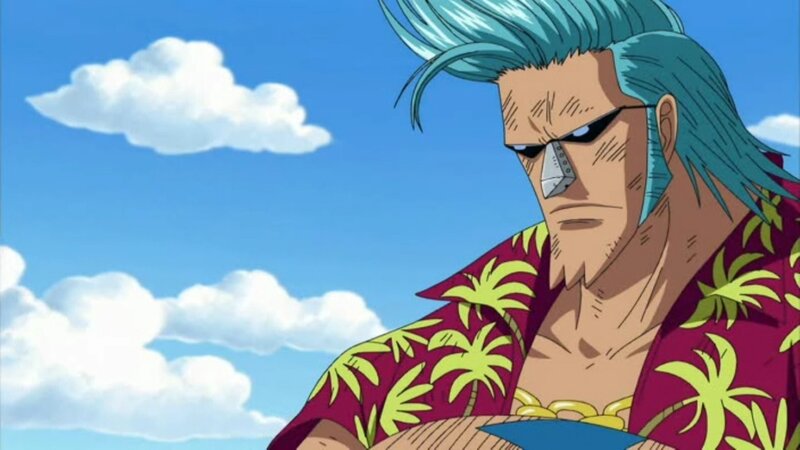 Blue-haired anime character in tropical shirt