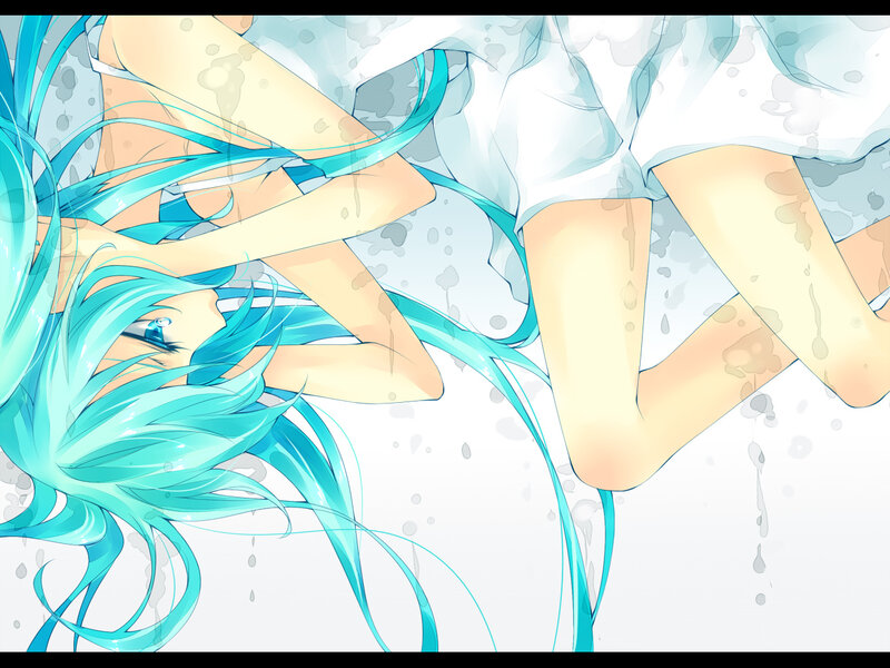 blue-haired anime character in water