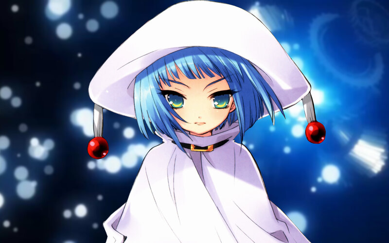 blue-haired anime character in white hood