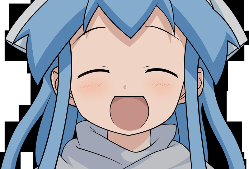 blue-haired anime character laughing