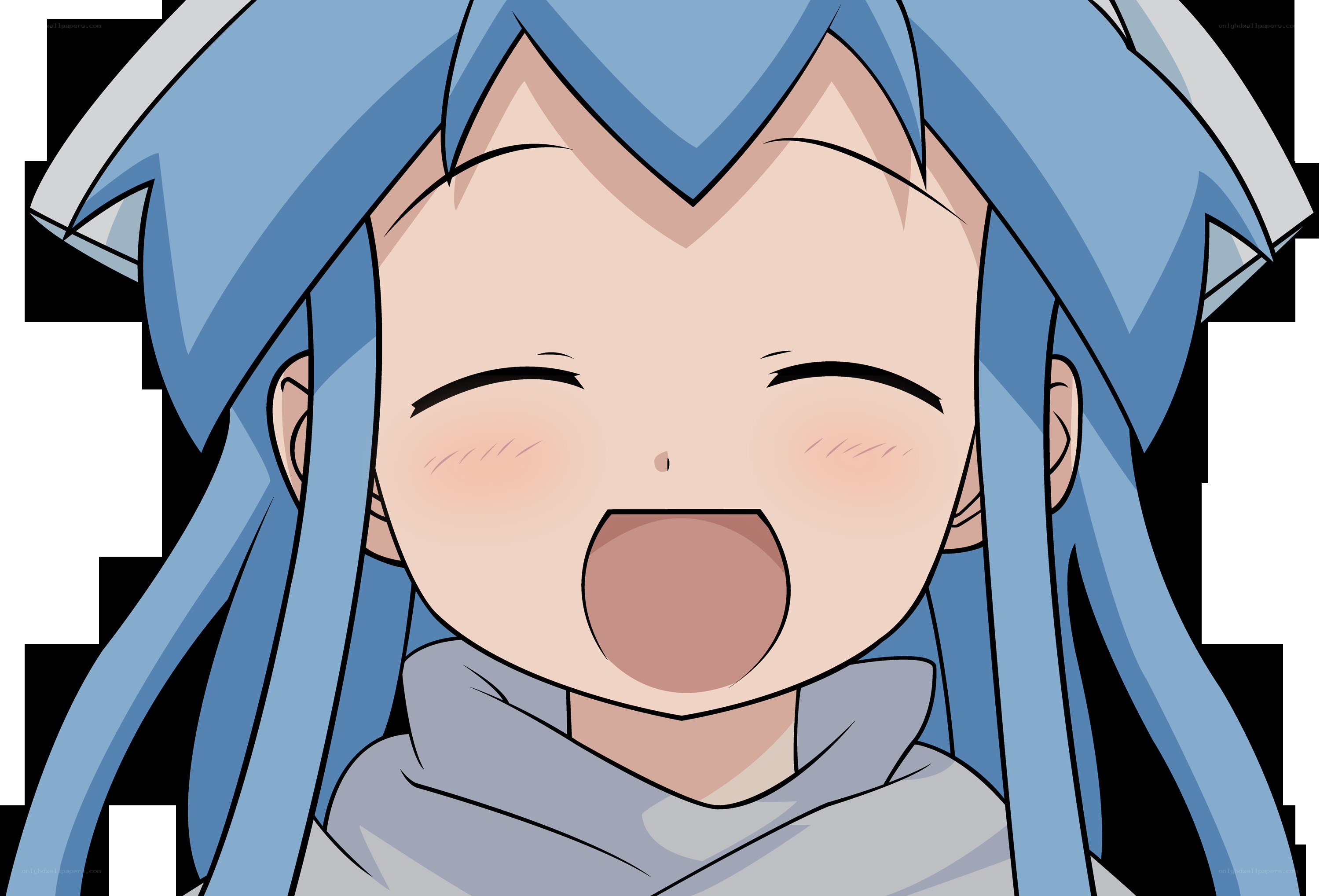 blue-haired anime character laughing
