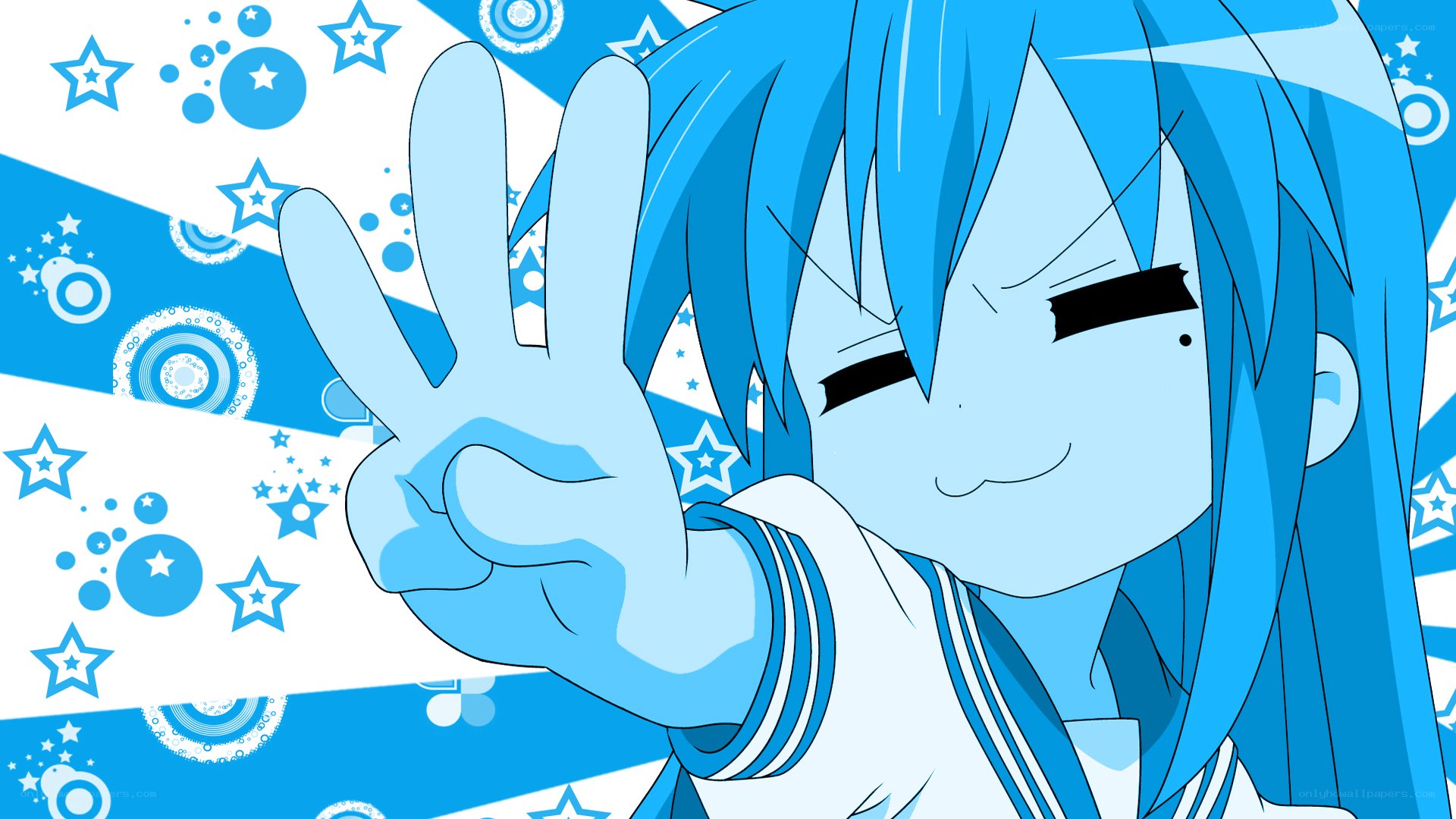 blue-haired anime character making peace sign