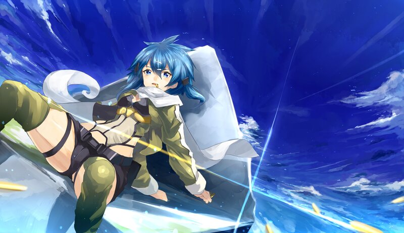 blue-haired anime character on a surfboard