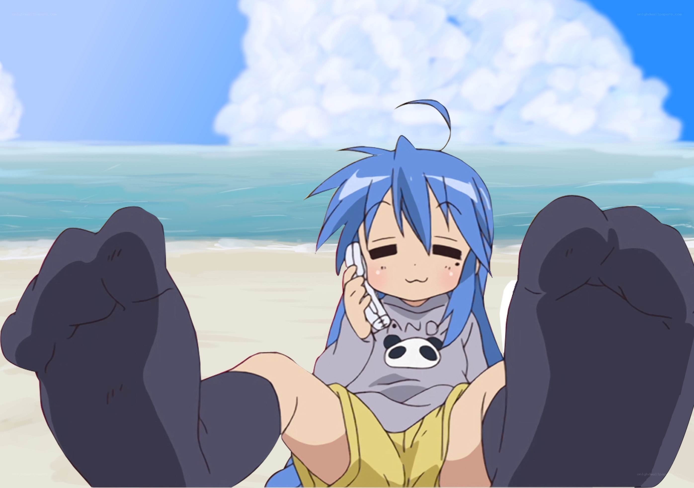 Blue-haired anime character on beach