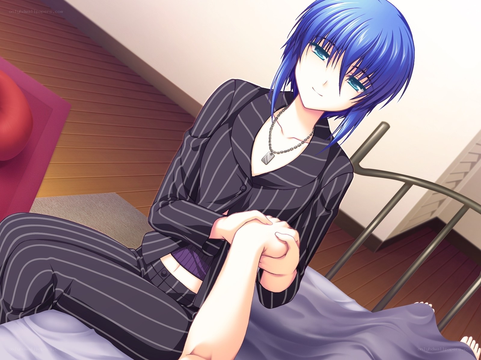blue-haired anime character on bed