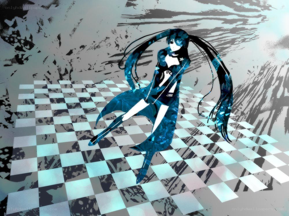 blue-haired anime character on checkered floor