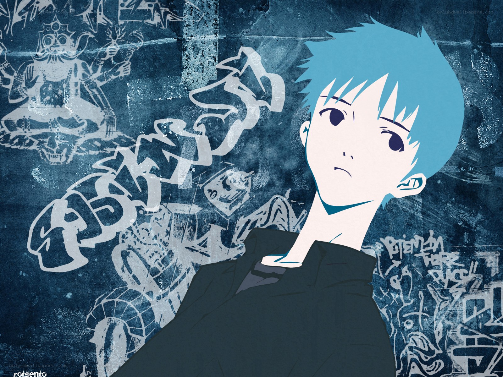 Blue-haired anime character on graffiti wall
