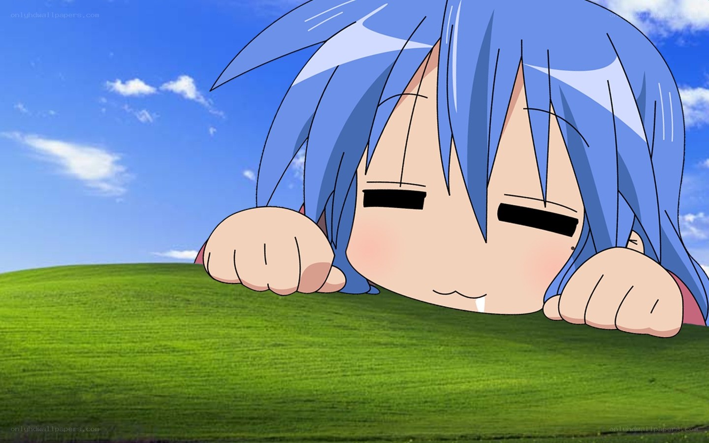 blue-haired anime character on grass