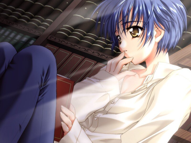 blue-haired anime character reading