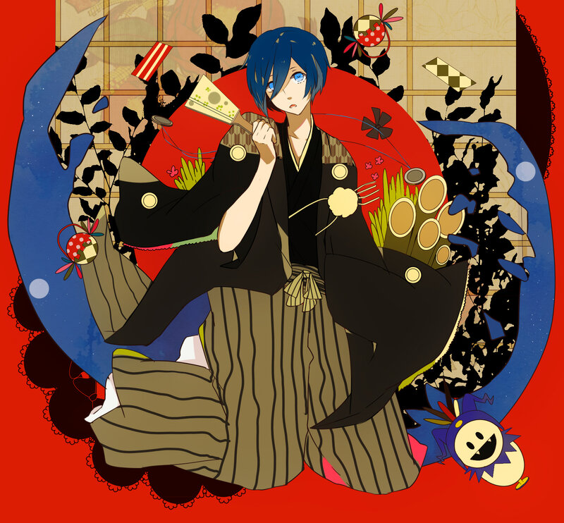 Blue-haired Anime Character — Red, Festive