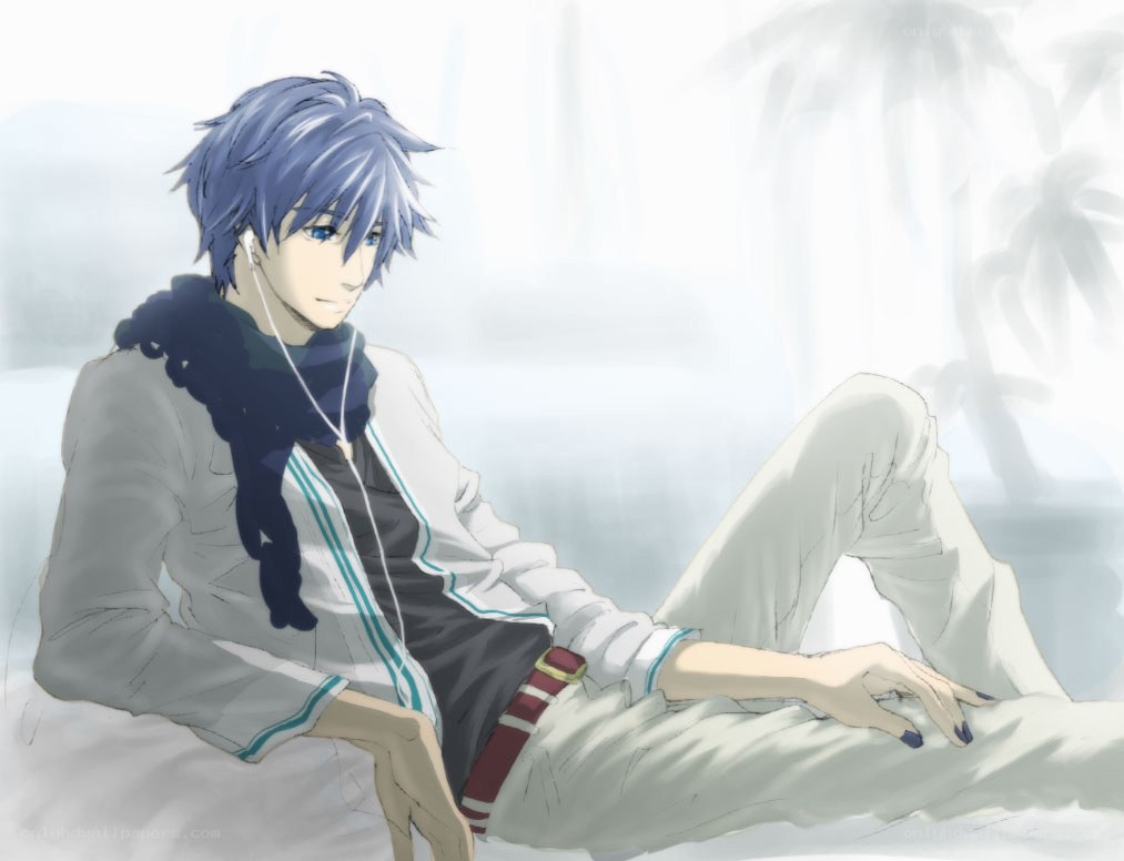 blue-haired anime character relaxing
