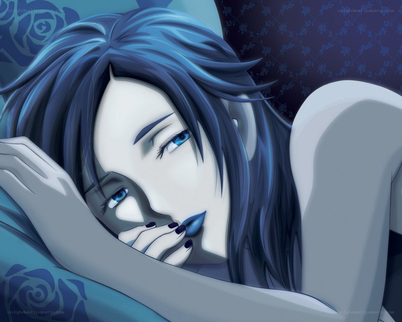blue-haired anime character resting