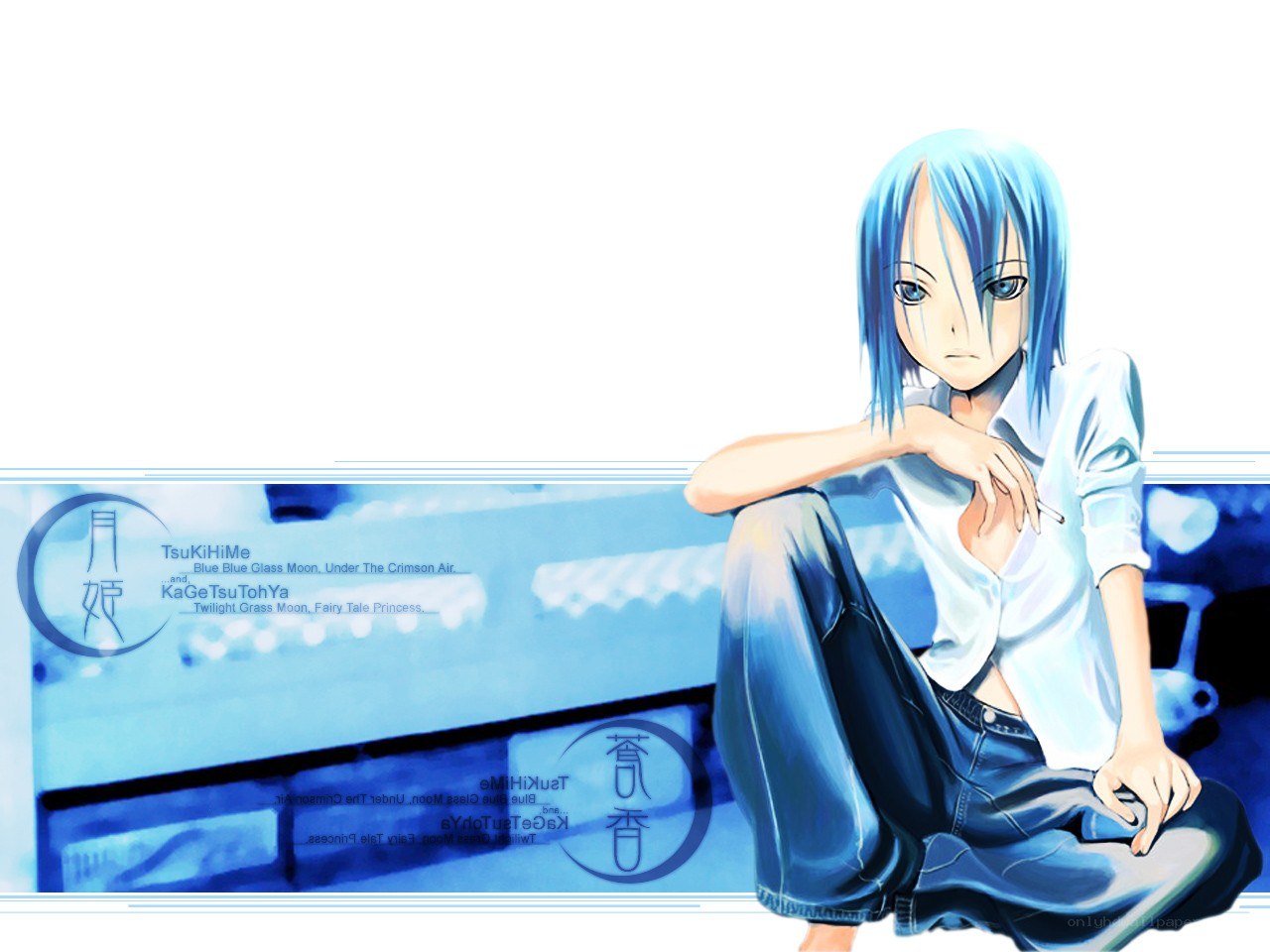 Blue-haired anime character sitting