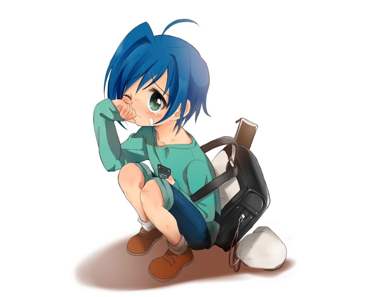 blue-haired anime character sitting