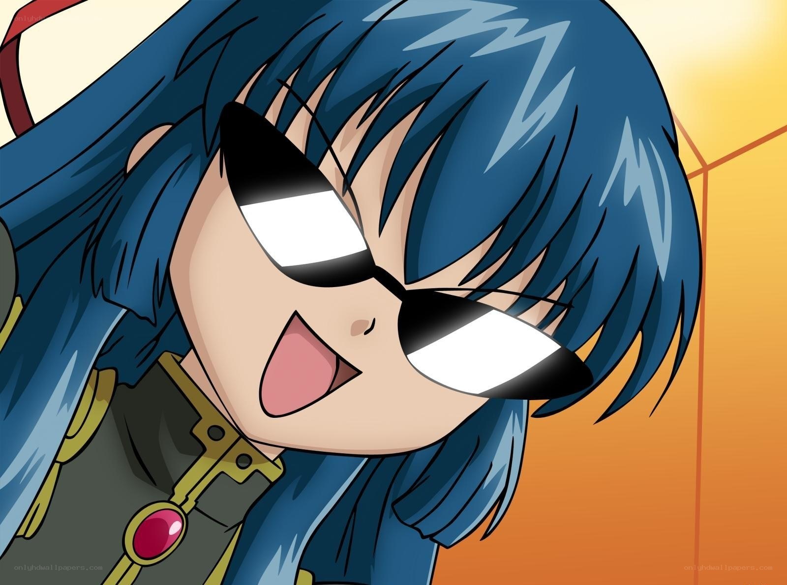 blue-haired anime character smiling