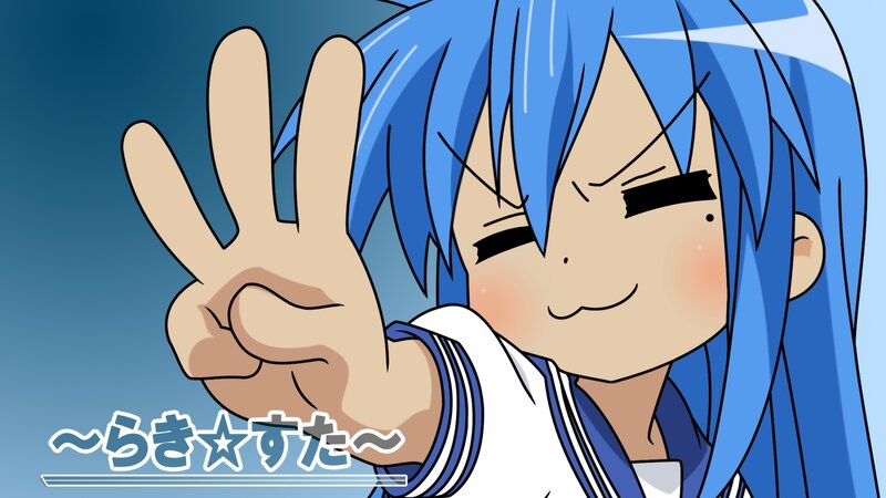 blue-haired anime character waving