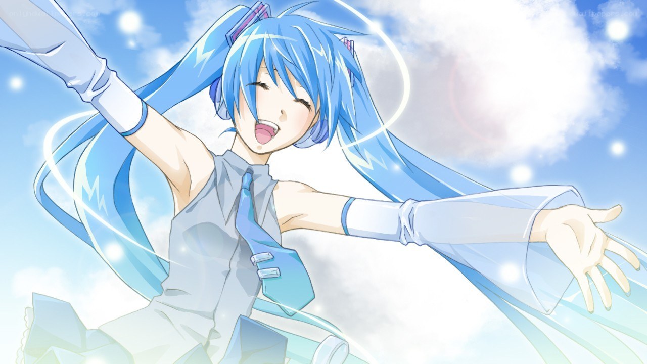 blue-haired anime character with arms outstretched