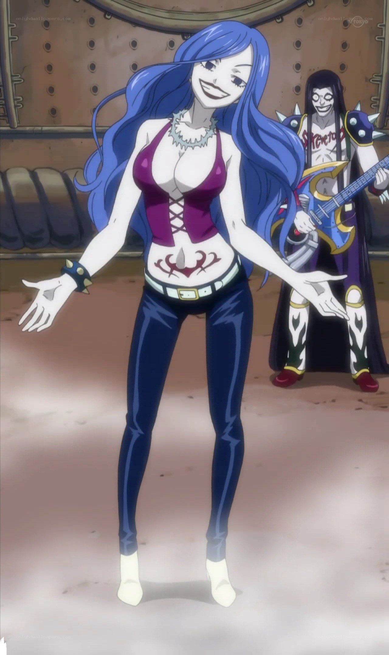 Blue-haired anime character with bandmate