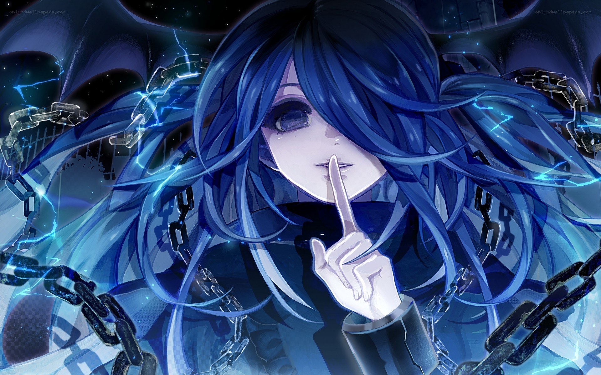 blue-haired anime character with chains