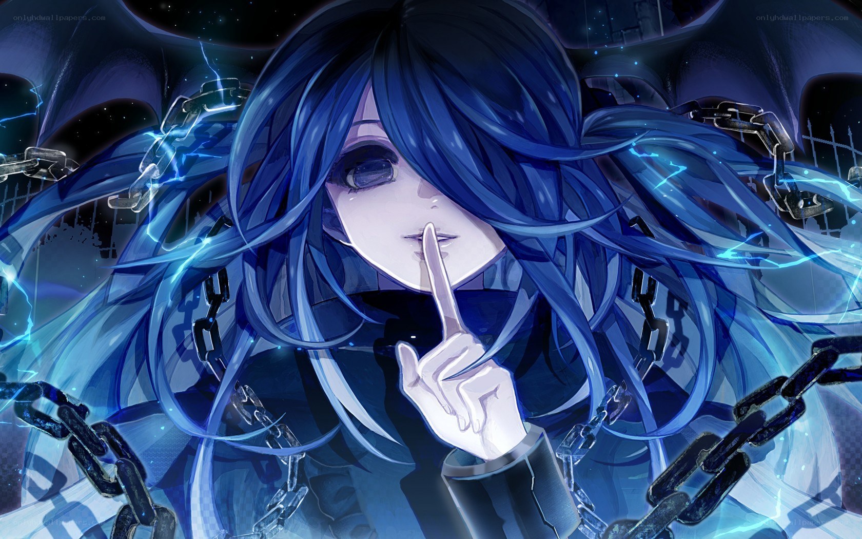 Blue-haired anime character with chains