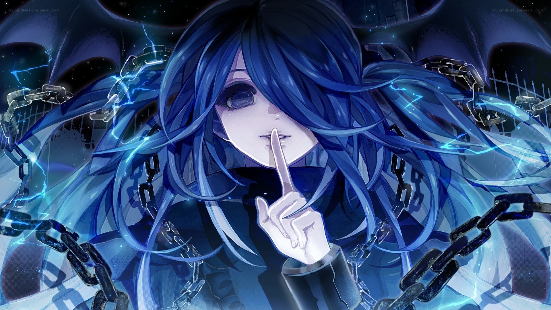 blue-haired anime character with chains