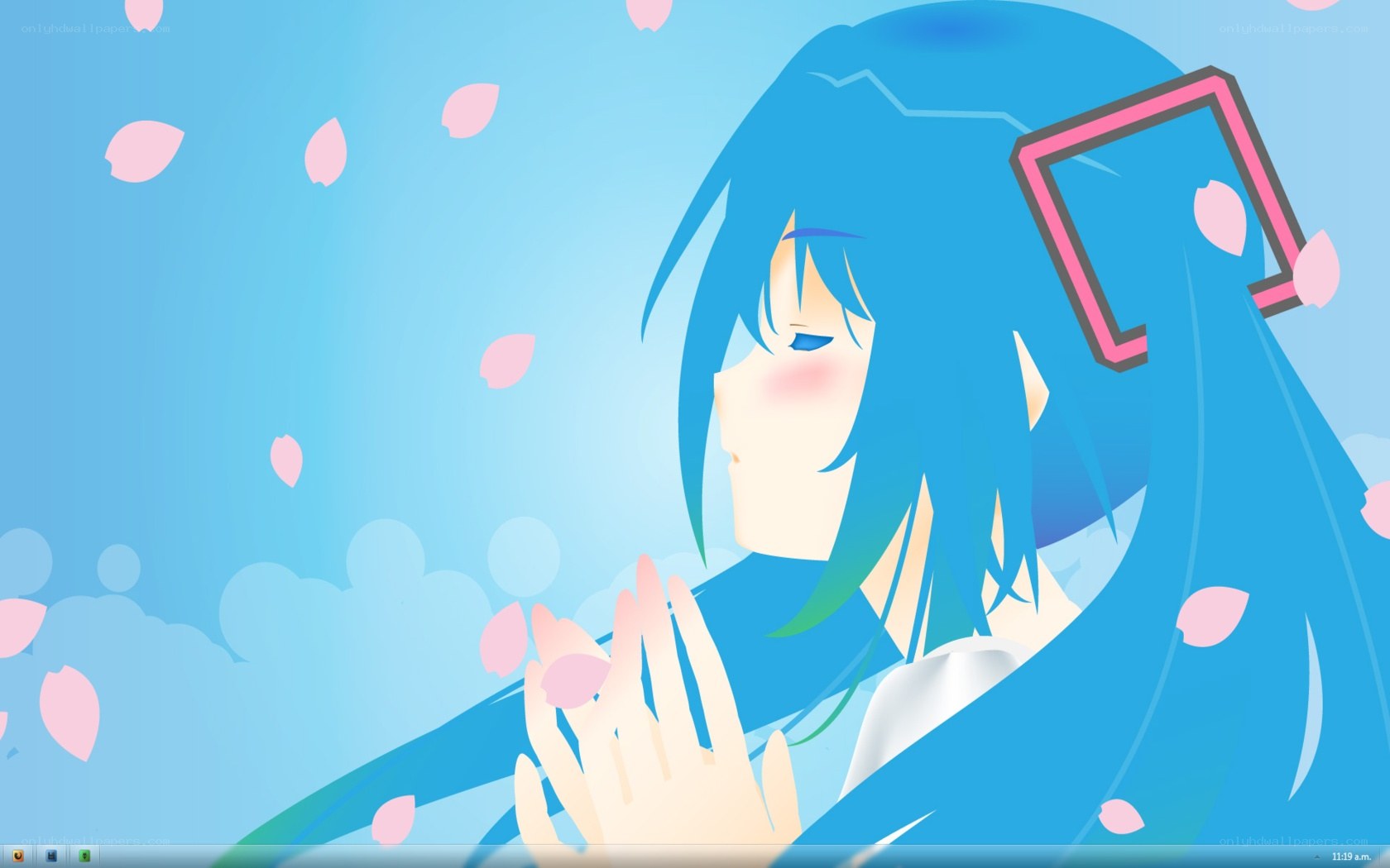 blue-haired anime character with cherry blossoms