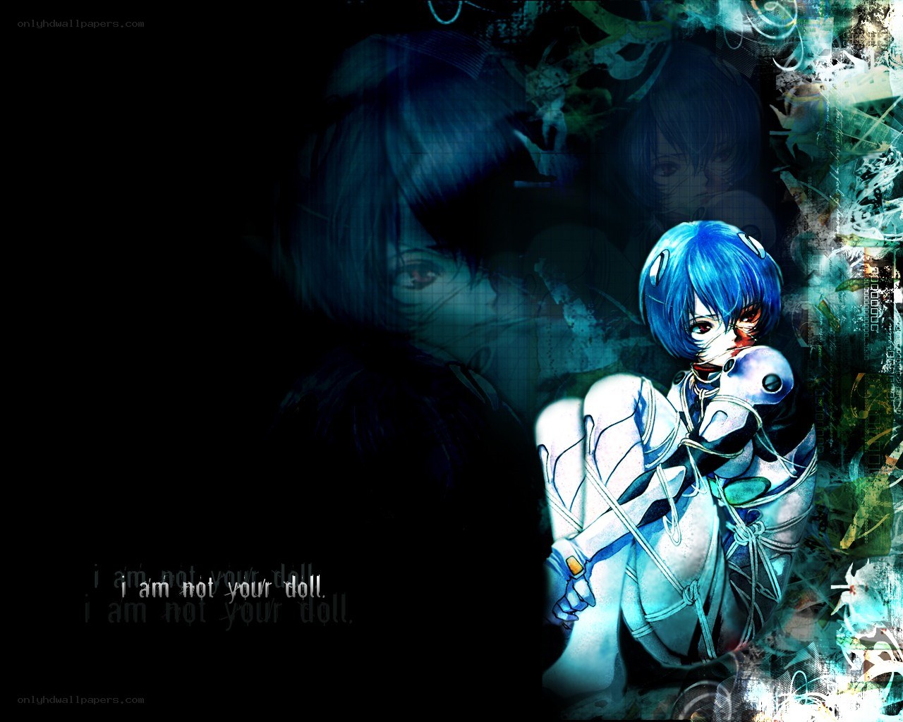 blue-haired anime character with doll