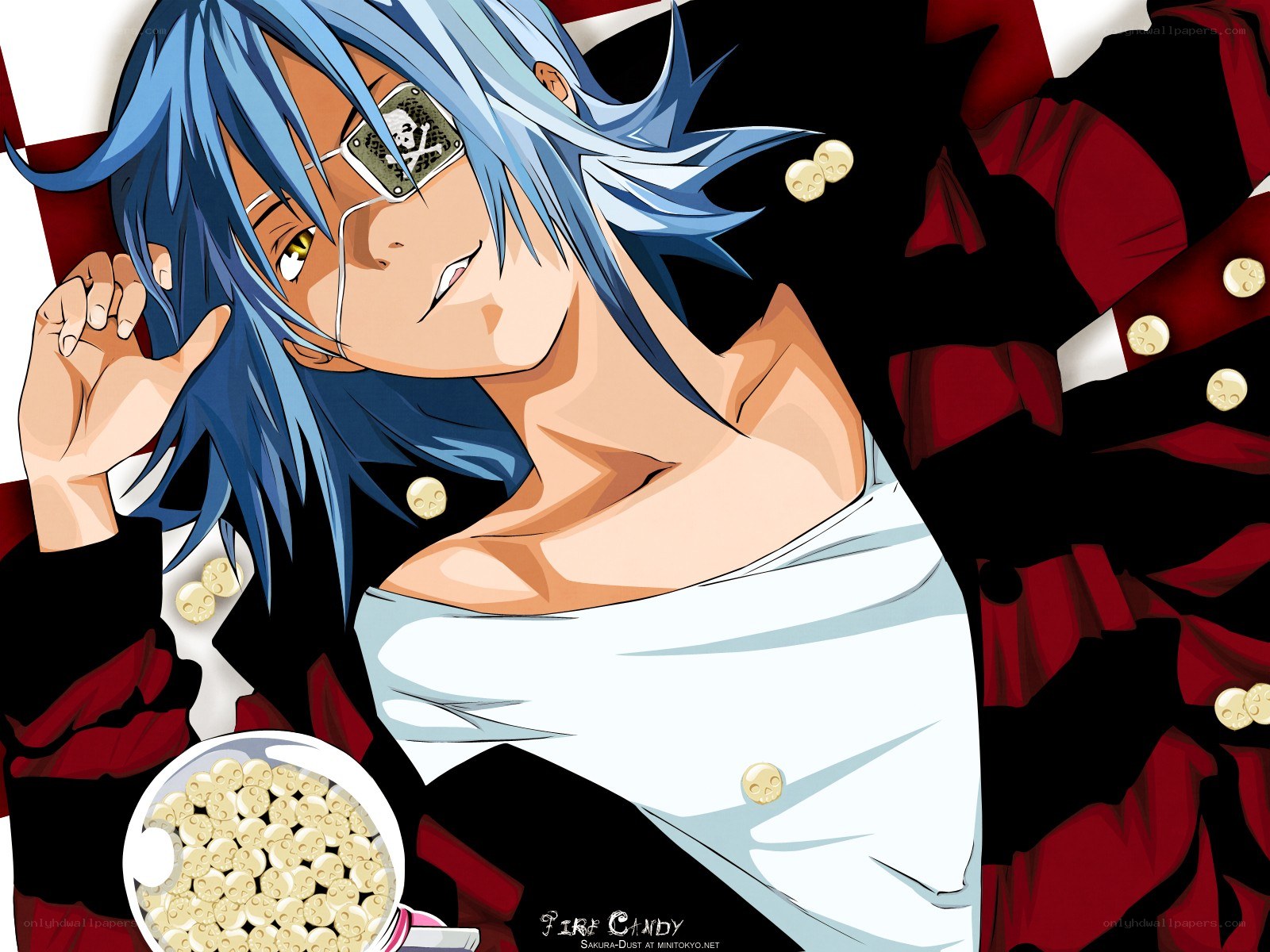 blue-haired anime character with eyepatch