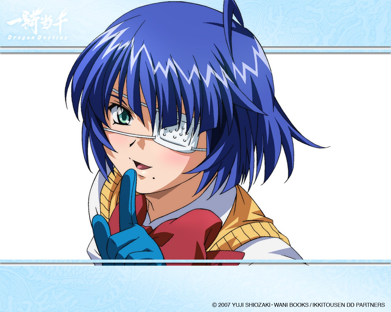 Blue-haired anime character with eyepatch
