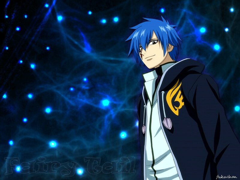 Blue-haired anime character with Fairy Tail logo