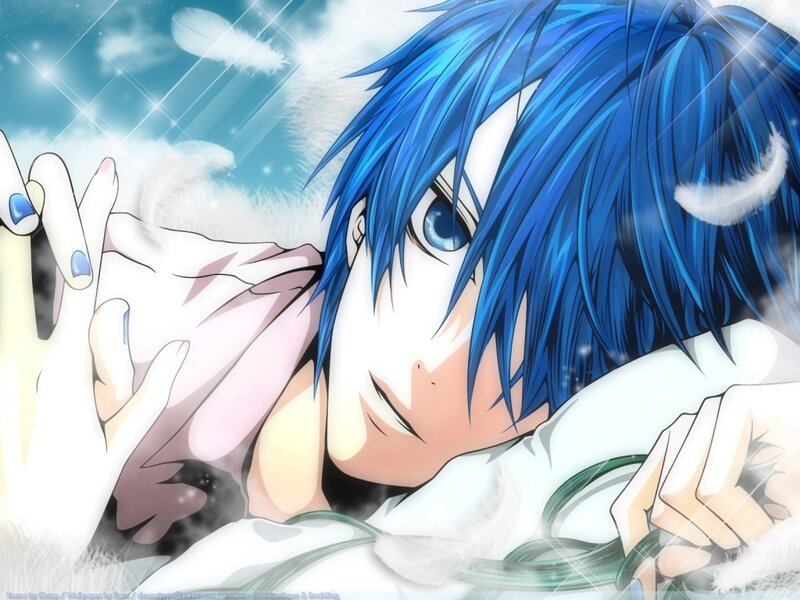 blue-haired anime character with feathers