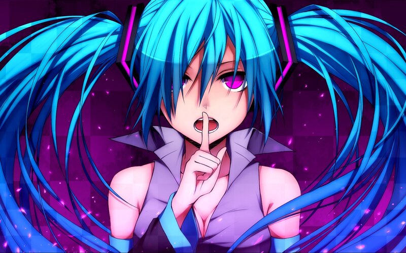 blue-haired anime character with finger to lips