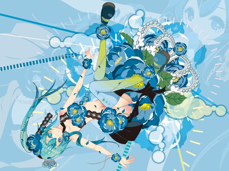 Blue-haired anime character with flowers