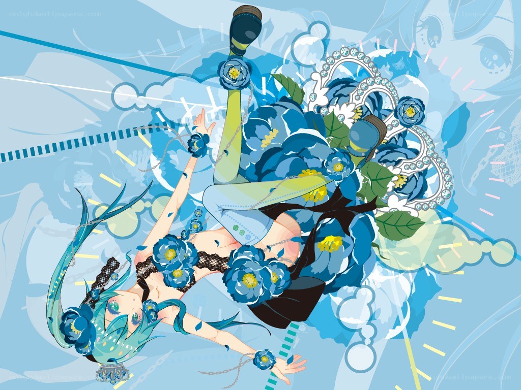 Blue-haired anime character with flowers