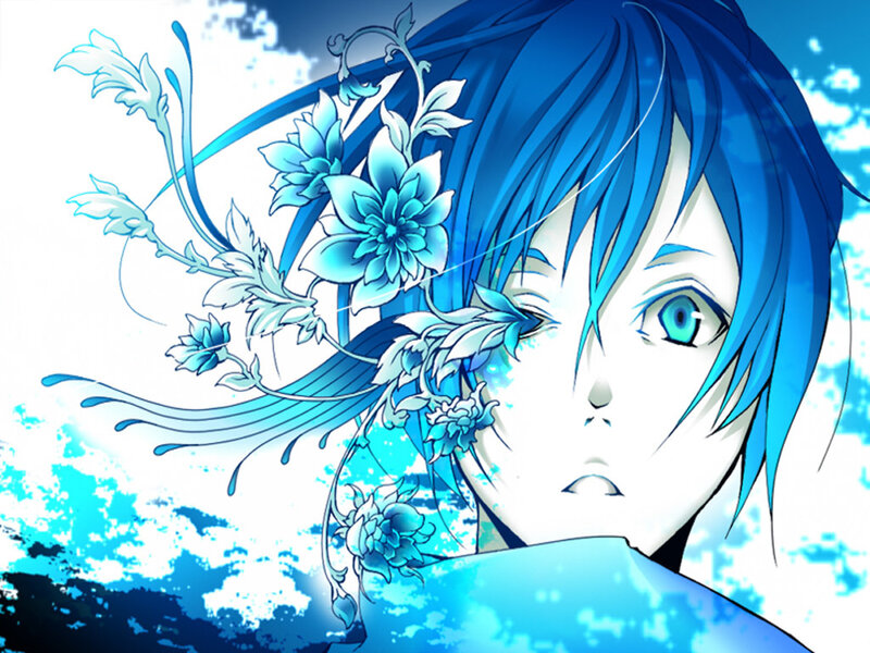 blue-haired anime character with flowers