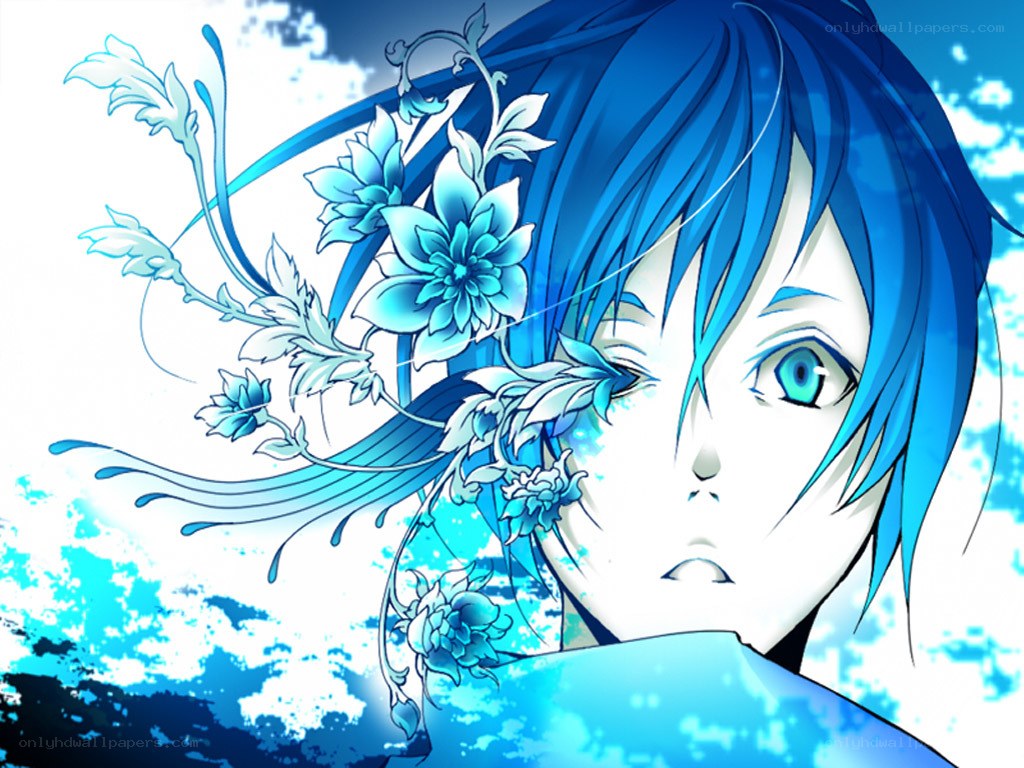 blue-haired anime character with flowers