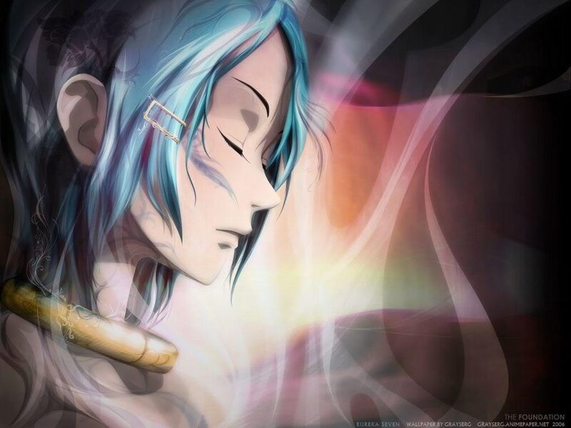 Blue-haired anime character with flute
