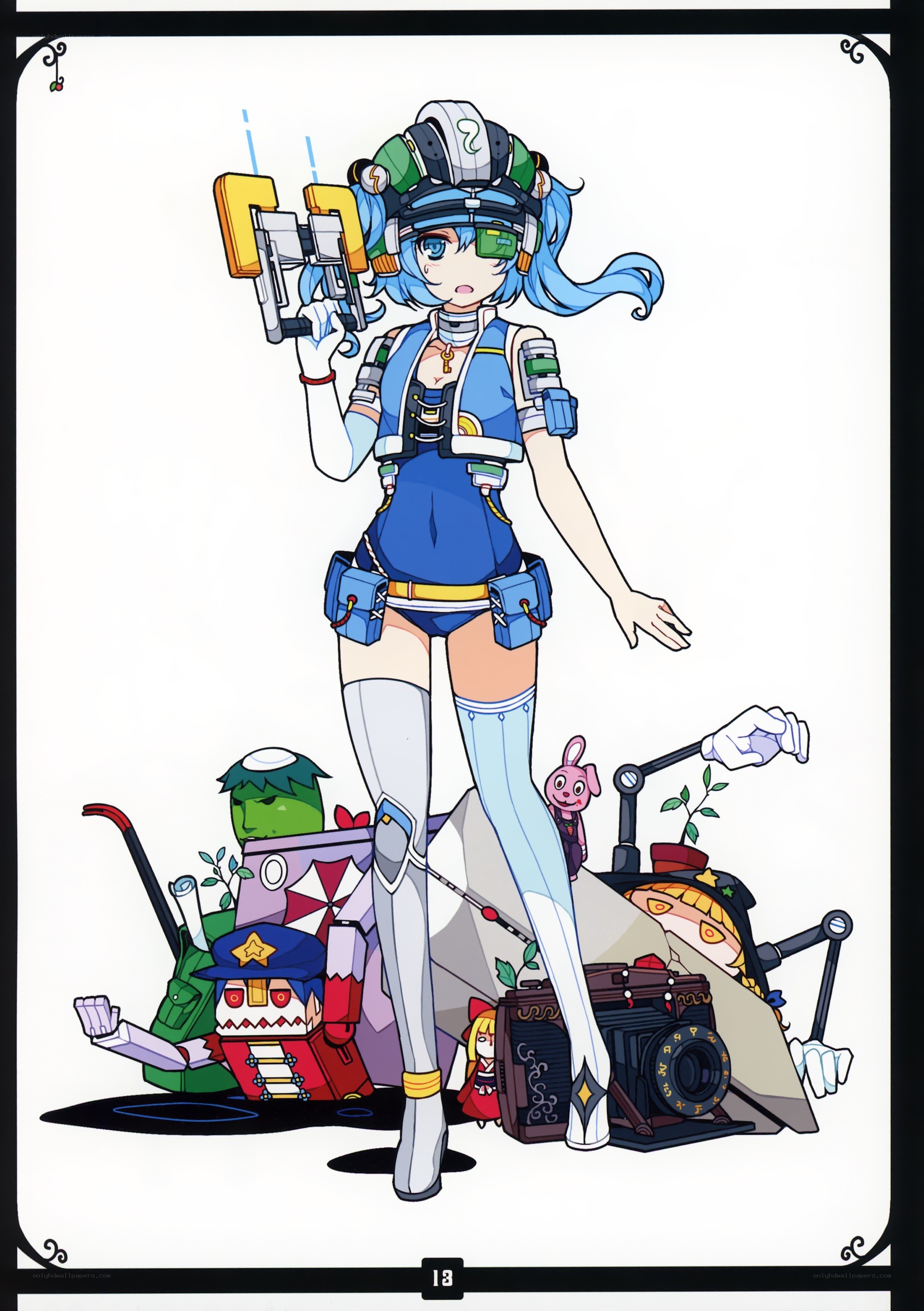 blue-haired anime character with gadgets