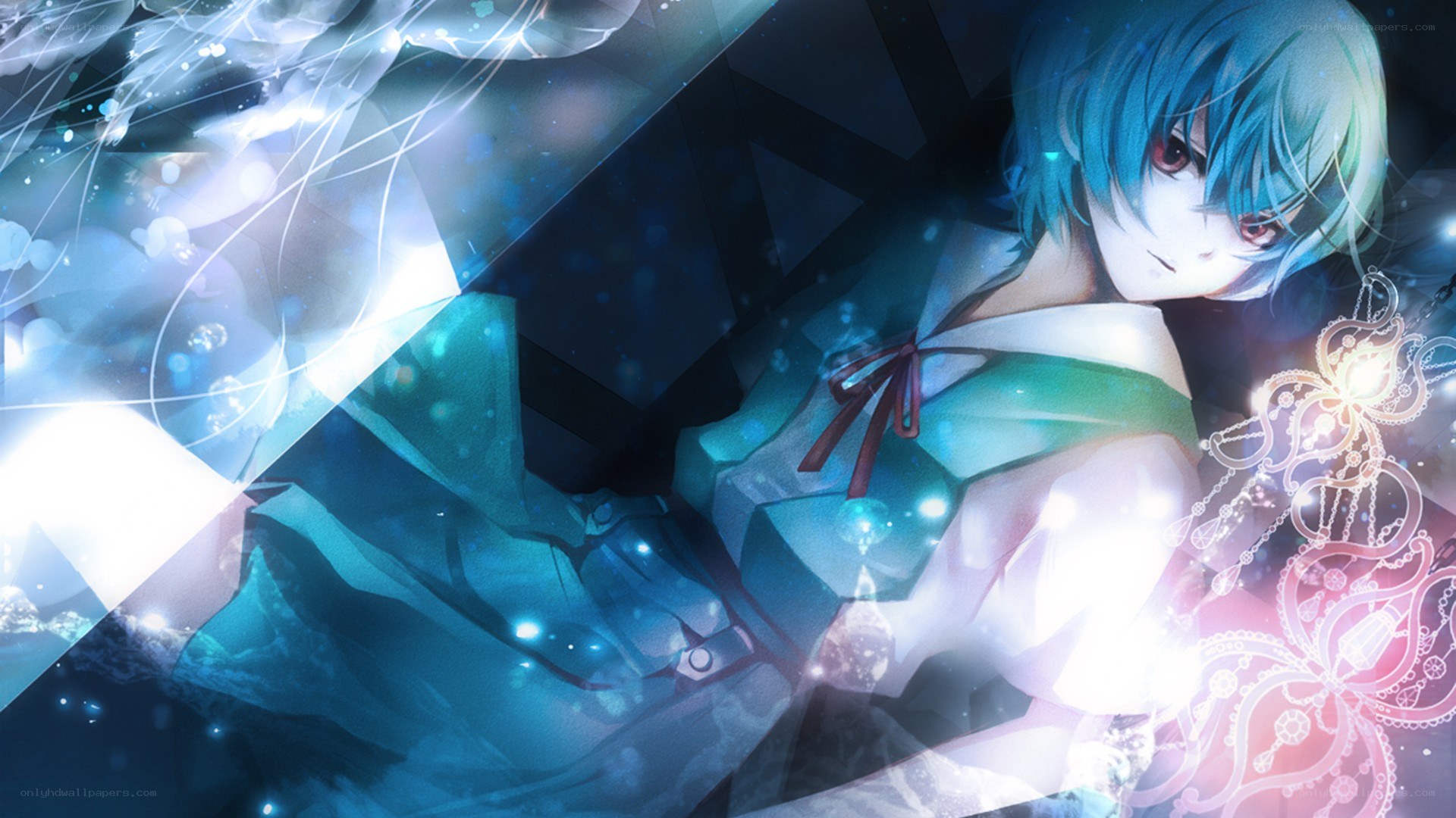 blue-haired anime character with glowing effects