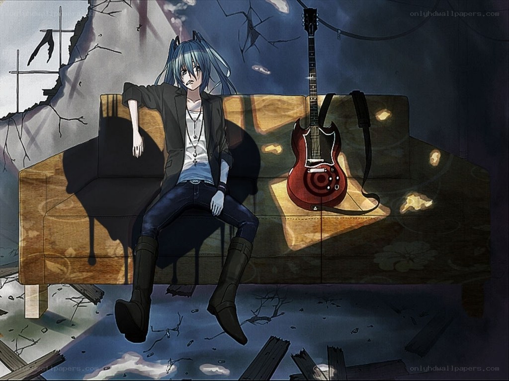 Blue-haired anime character with guitar