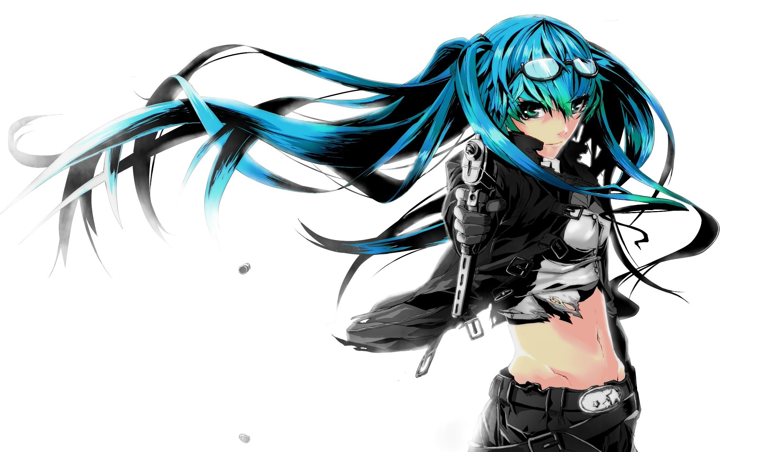 blue-haired anime character with gun