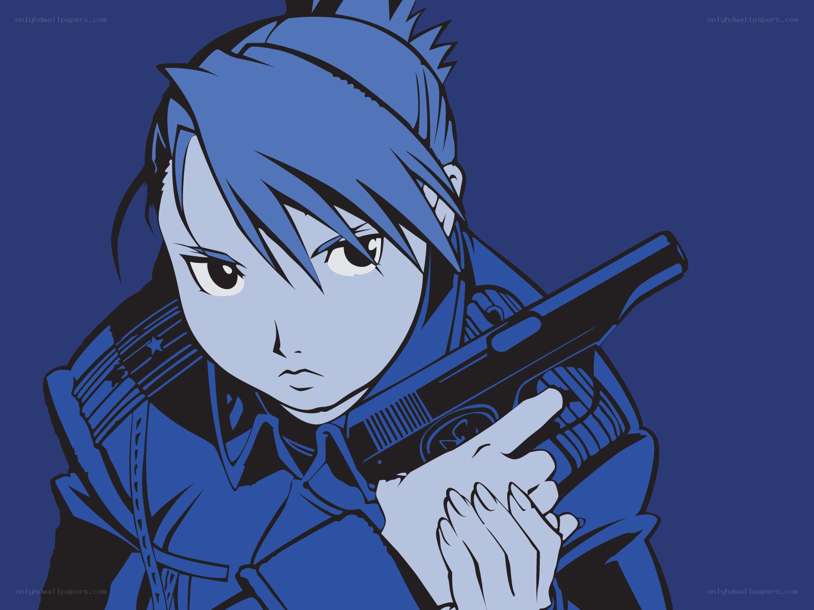 blue-haired anime character with gun
